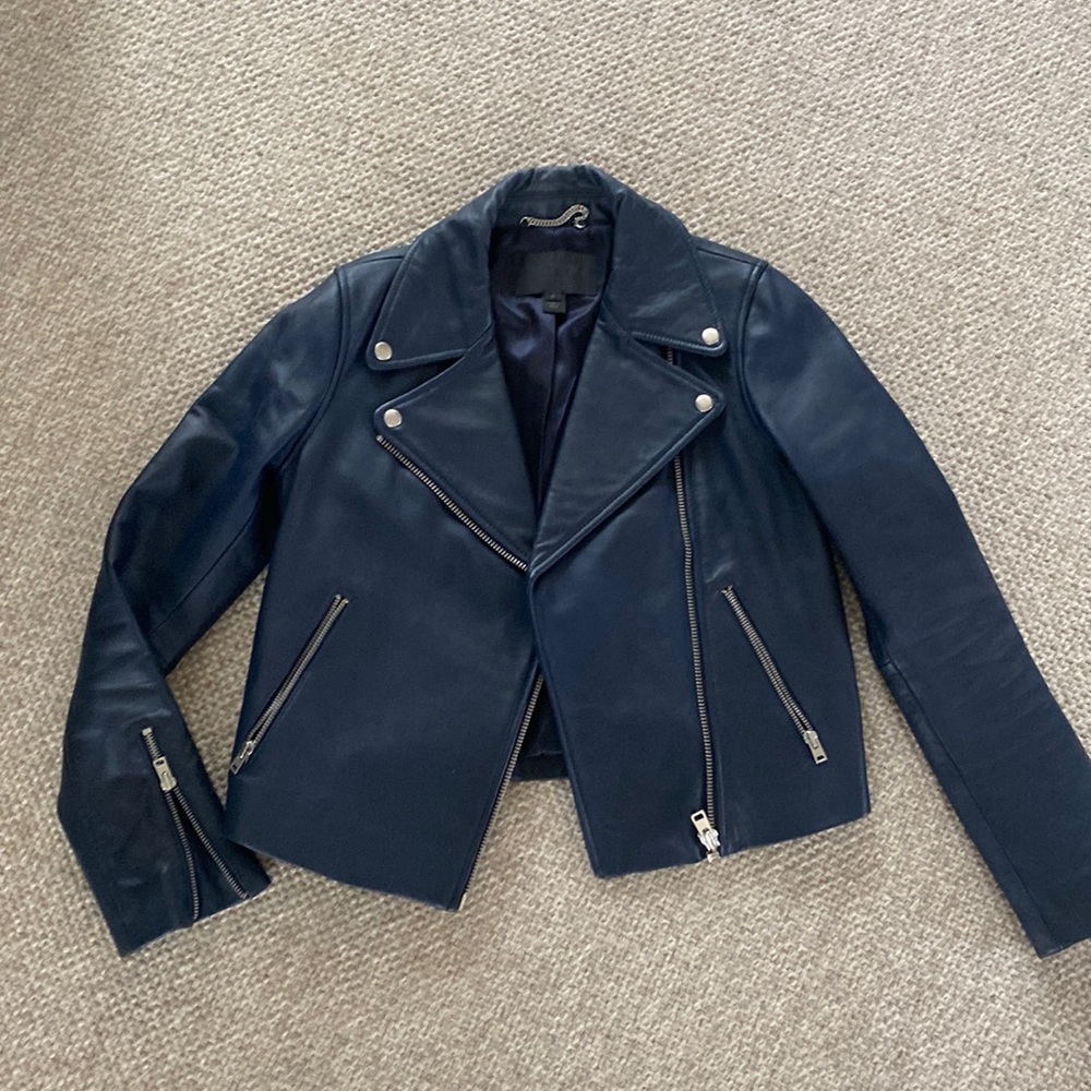 J. Crew Collection navy blue leather jacket